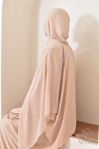 Abaya Dubaï long beige integrated veil and rhinestones veiled women 2