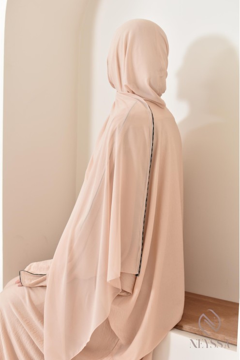 Abaya Dubaï long beige integrated veil and rhinestones veiled women