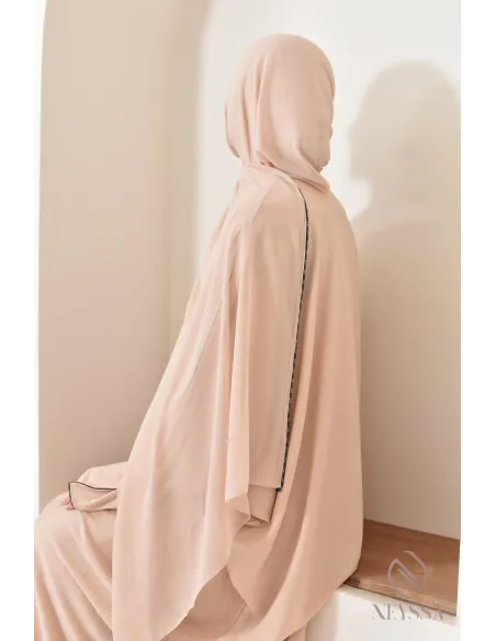 Abaya Dubaï long beige integrated veil and rhinestones veiled women