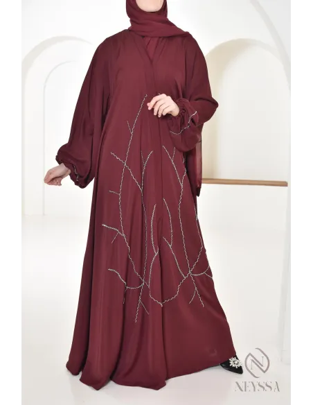 Abaya Dubai Bordeaux für moderne Frauen, perlenbesetzte Abaya