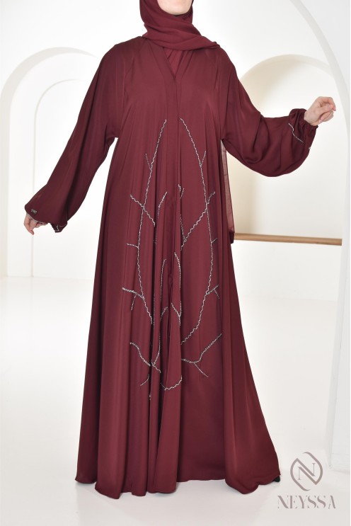 Abaya Dubaï Bordeaux pour femme moderne, abaya perlées, tenue Aid