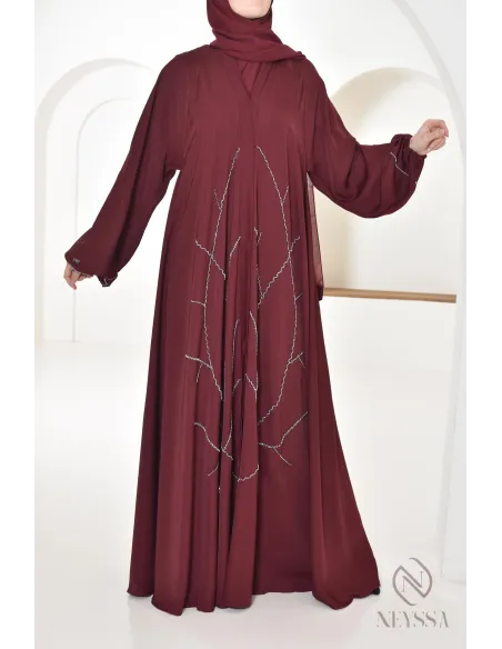 Abaya Dubai Bordeaux für moderne Frauen, perlenbesetzte Abaya