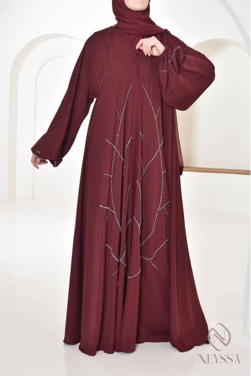 Abaya Dubaï Bordeaux pour femme moderne, abaya perlées, tenue Aid