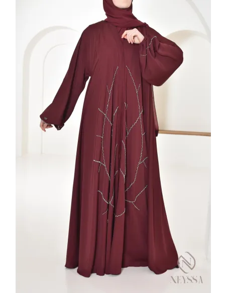 Abaya Dubai Bordeaux für moderne Frauen, perlenbesetzte Abaya
