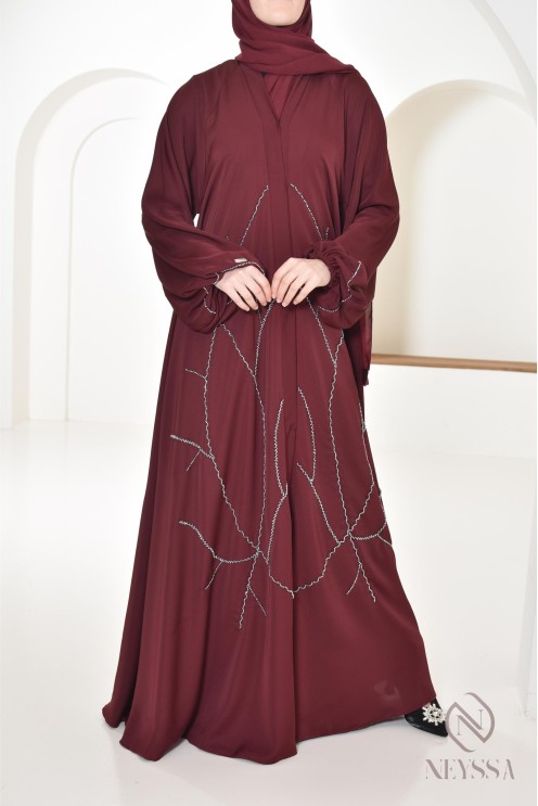 Abaya Dubaï Bordeaux pour femme moderne, abaya perlées, tenue Aid
