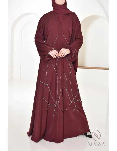 Abaya Dubai Bordeaux für moderne Frauen, perlenbesetzte Abaya