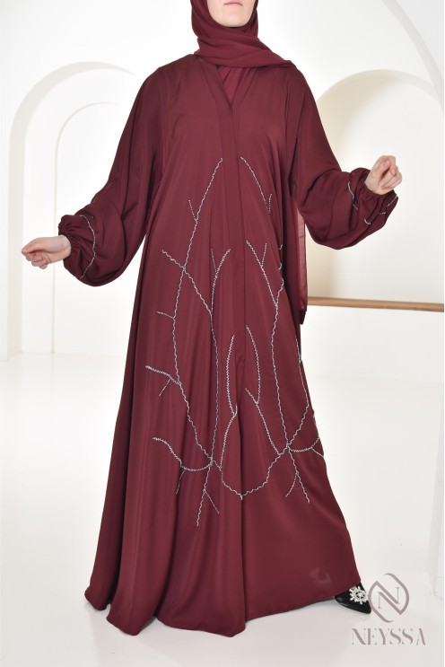 Abaya Dubaï Bordeaux pour femme moderne, abaya perlées, tenue Aid
