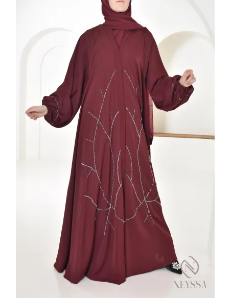 Abaya Dubaï Bordeaux pour femme moderne, abaya perlées, tenue Aid