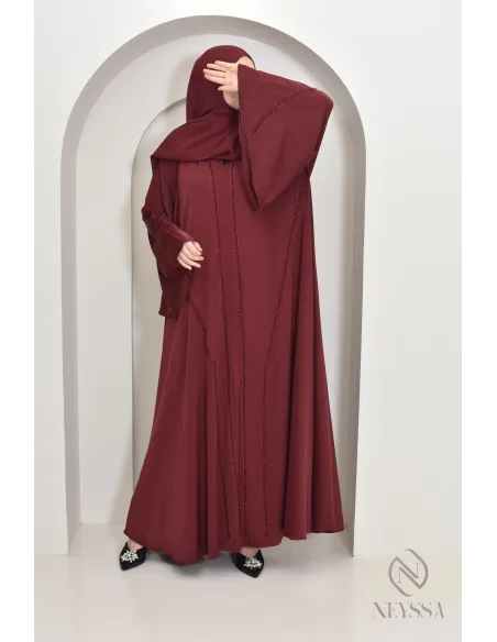 Abaya Dubaï longue bordeaux pour vos événements hijabi, tenue chic