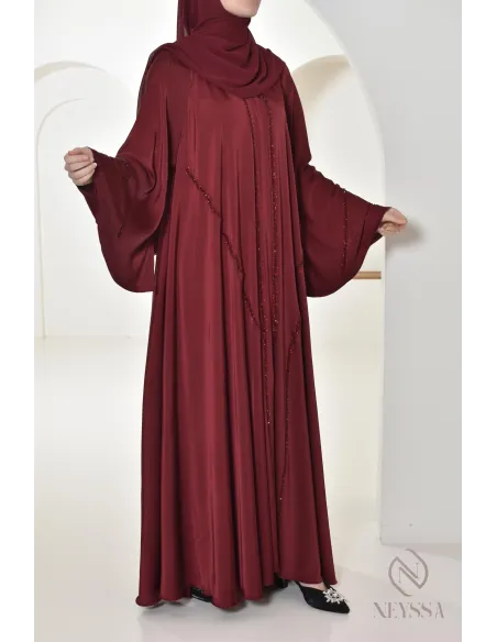 Abaya Dubaï longue bordeaux pour vos événements hijabi, tenue chic