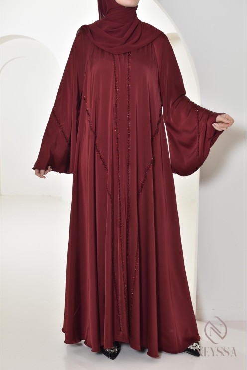 Abaya Dubaï long burgundy for your hijabi events, chic outfit