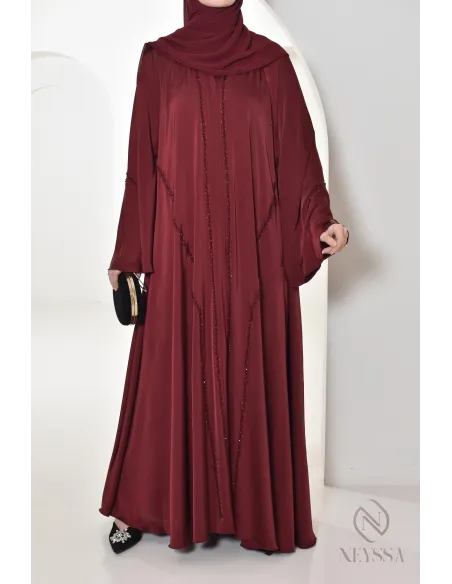 Abaya Dubaï longue bordeaux pour vos événements hijabi, tenue chic