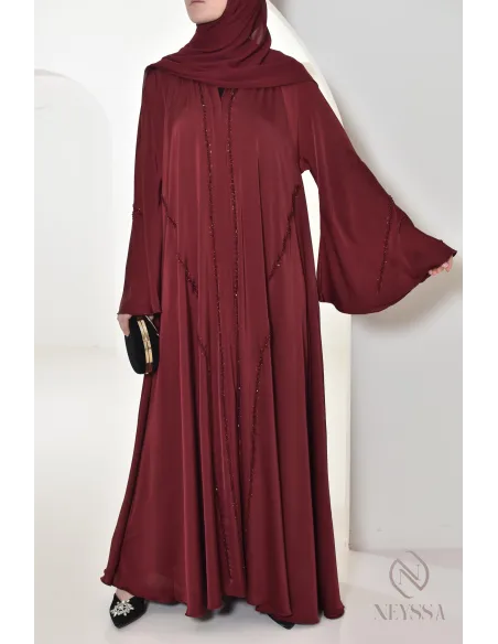 Abaya Dubaï longue bordeaux pour vos événements hijabi, tenue chic