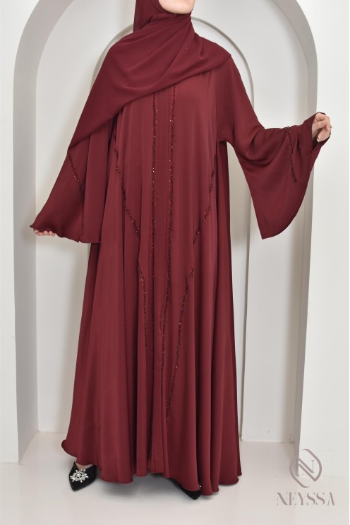 Abaya Dubaï long burgundy for your hijabi events, chic outfit