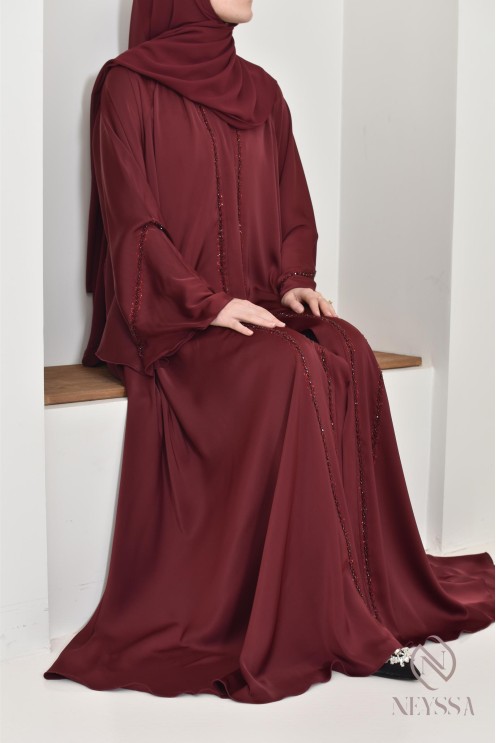Abaya Dubaï long burgundy for your hijabi events, chic outfit