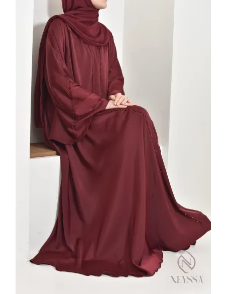 Abaya Dubaï longue bordeaux pour vos événements hijabi, tenue chic