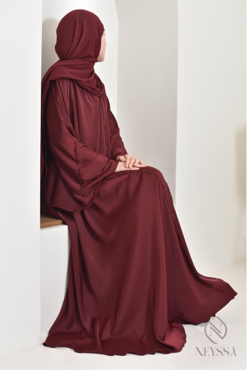 Abaya Dubaï long burgundy for your hijabi events, chic outfit