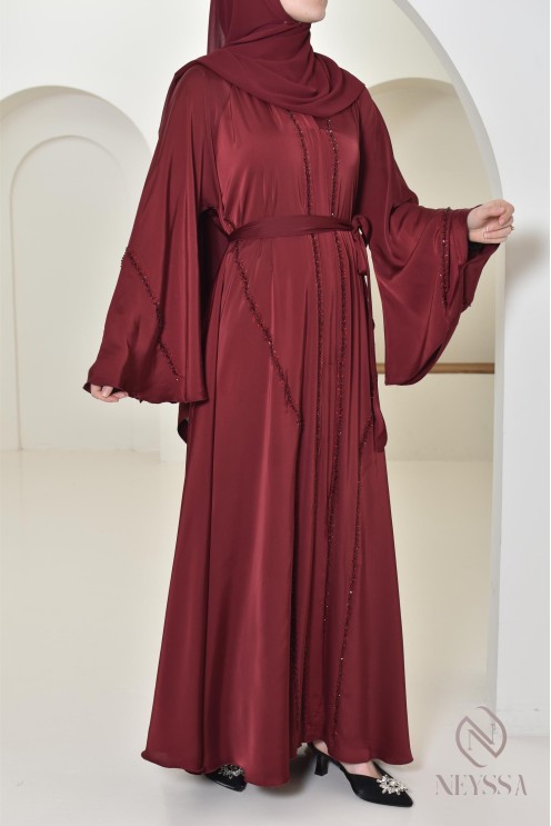 Abaya Dubaï longue bordeaux pour vos événements hijabi, tenue chic