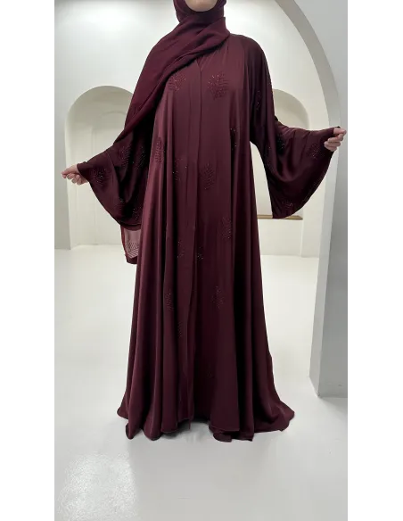 Abaya  Dubaï à strass manches évasée femme hijab bordeaux tendance
