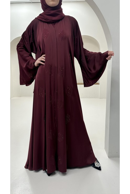 Abaya Dubai mit Strasssteinen Ärmel ausgestellt Frau Bordeaux Trend