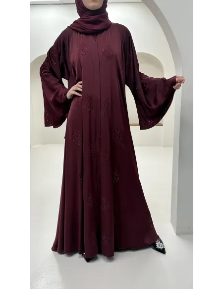 Abaya Dubai mit Strasssteinen Ärmel ausgestellt Frau Bordeaux Trend