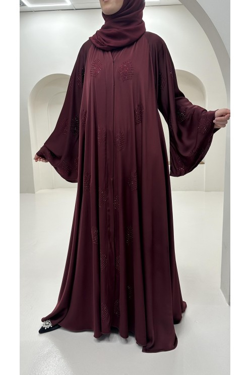 Abaya Dubai rhinestone flared sleeves women's hijab burgundy trend