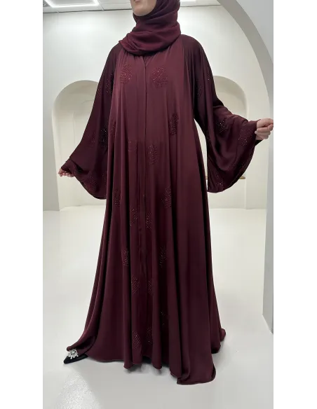 Abaya  Dubaï à strass manches évasée femme hijab bordeaux tendance