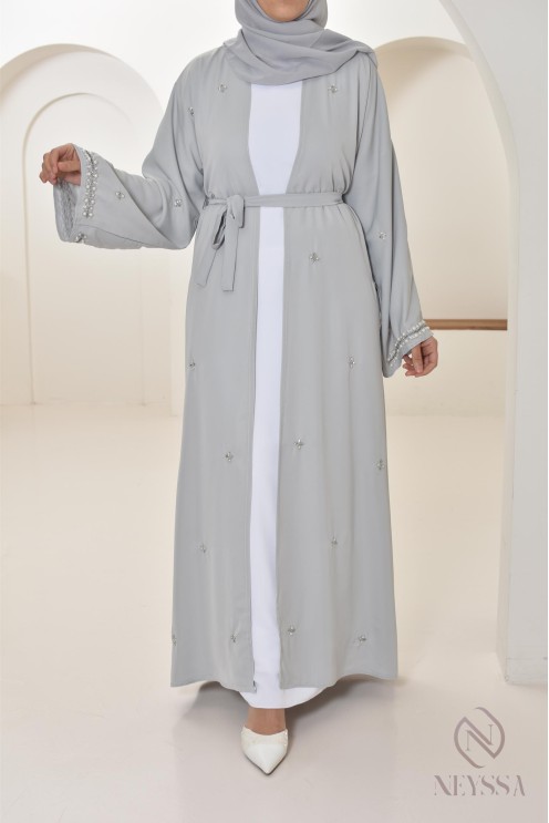 Abaya Dubaï kimono grise à perles, abaya longue de qualité pour femme