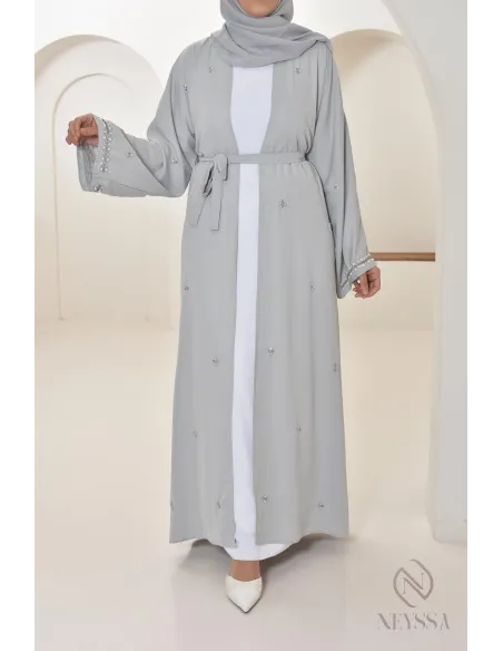 Abaya Dubaï kimono grey with pearls, quality long abaya for women