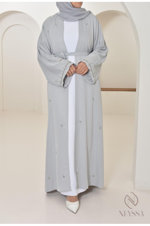 Abaya Dubaï kimono grey with pearls, quality long abaya for women