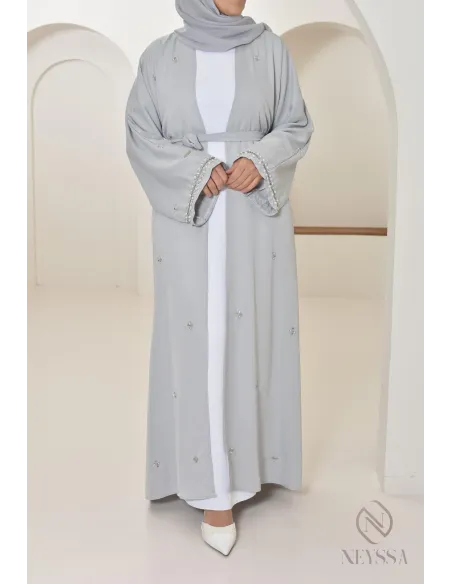 Abaya Dubaï kimono grise à perles, abaya longue de qualité pour femme