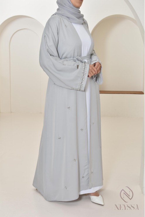 Abaya Dubaï kimono grey with pearls, quality long abaya for women
