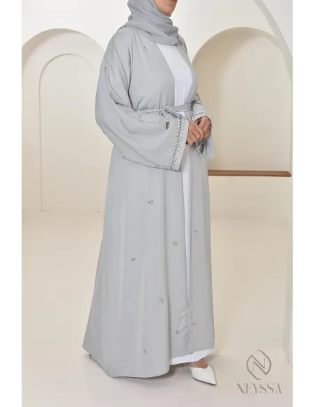 Abaya Dubaï kimono grise à perles, abaya longue de qualité pour femme