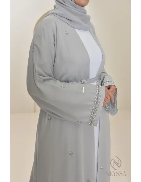 Abaya Dubaï kimono grise à perles, abaya longue de qualité pour femme
