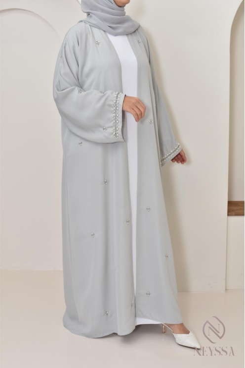 Abaya Dubaï kimono grise à perles, abaya longue de qualité pour femme