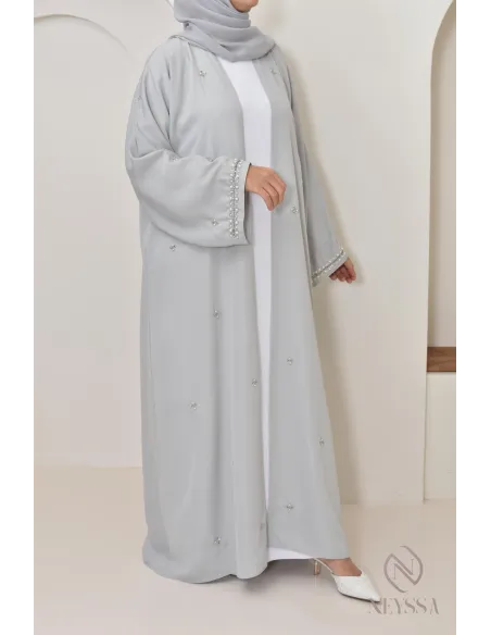 Abaya Dubaï kimono grise à perles, abaya longue de qualité pour femme