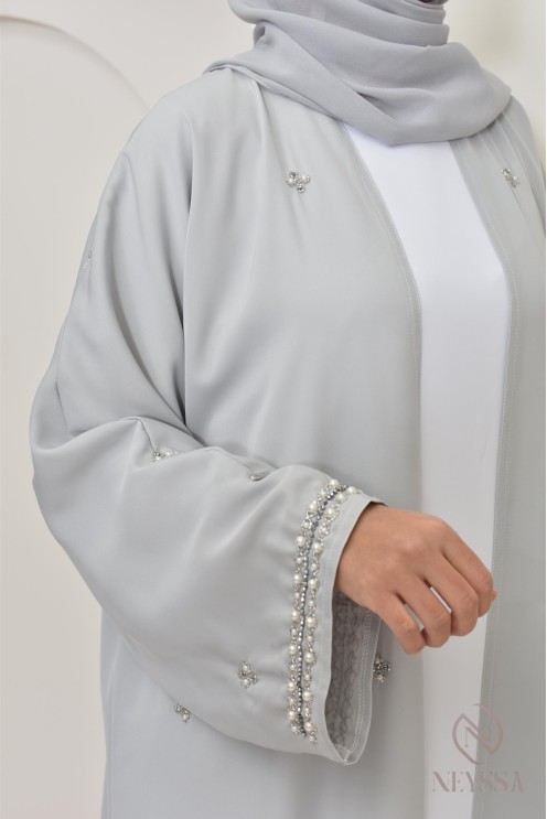 Abaya Dubaï kimono grise à perles, abaya longue de qualité pour femme