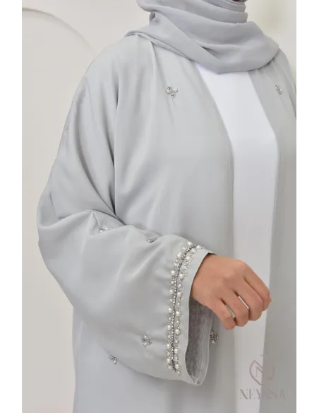 Abaya Dubaï kimono grise à perles, abaya longue de qualité pour femme