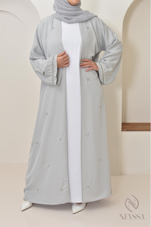 Abaya Dubaï kimono grey with pearls, quality long abaya for women
