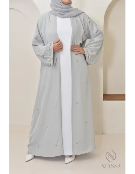 Abaya Dubaï kimono grise à perles, abaya longue de qualité pour femme