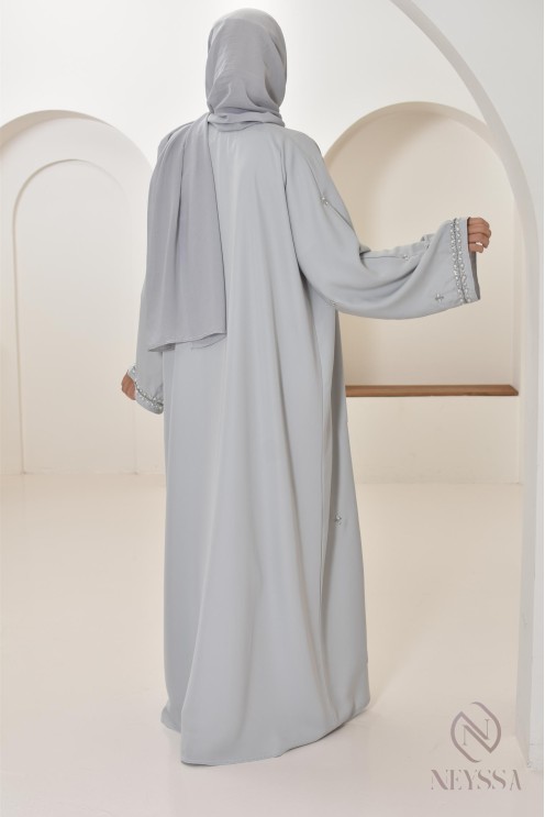 Abaya Dubaï kimono grise à perles, abaya longue de qualité pour femme