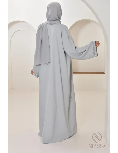 Abaya Dubaï kimono grey with pearls, quality long abaya for women