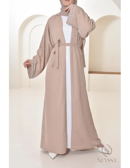 Abaya Dubaï kimono nude pour femme hijabi, abaya perlés style oriental
