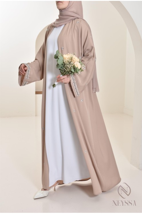 Abaya Dubaï kimono nude pour femme hijabi, abaya perlés style oriental