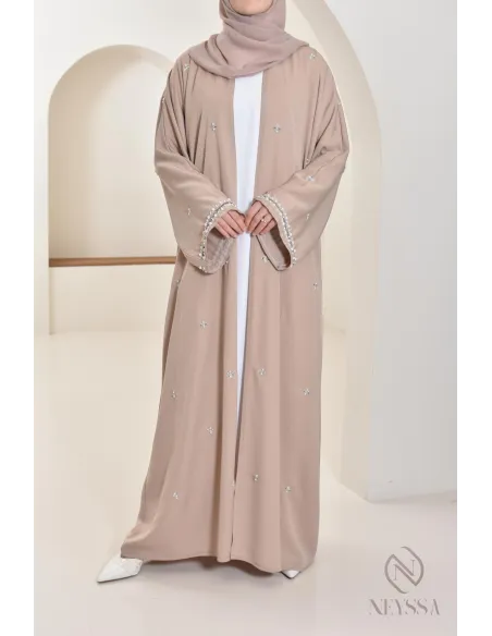 Abaya Dubaï kimono nude pour femme hijabi, abaya perlés style oriental