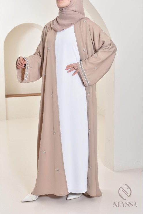 Abaya Dubaï kimono nude pour femme hijabi, abaya perlés style oriental