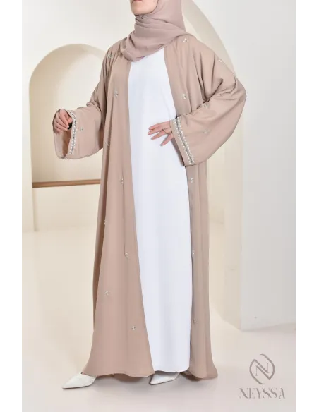 Abaya Dubaï kimono nude pour femme hijabi, abaya perlés style oriental