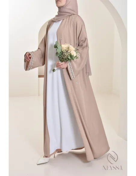 Abaya Dubaï kimono nude pour femme hijabi, abaya perlés style oriental