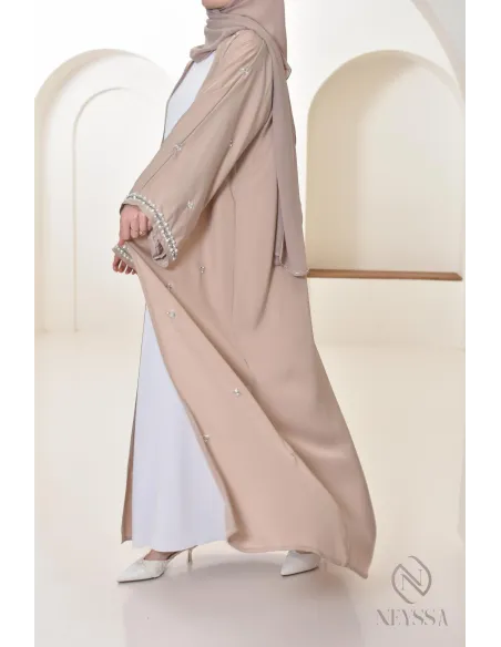 Abaya Dubaï kimono nude pour femme hijabi, abaya perlés style oriental