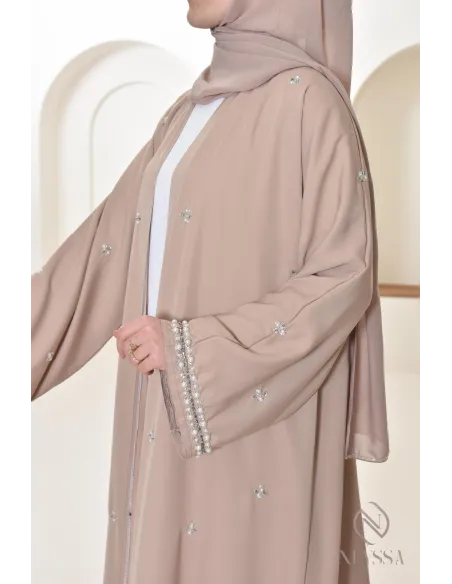 Abaya Dubaï kimono nude pour femme hijabi, abaya perlés style oriental